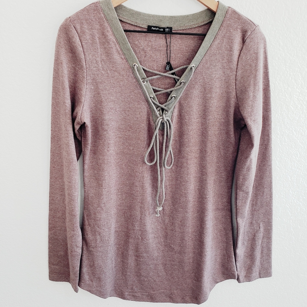 PattyBoutik Dusty Pink Lace-Up Long Sleeve Top
